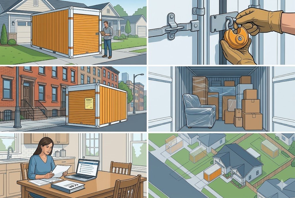 Storage container permit guide — driveway delivery, padlock security, street permit, packed container, HOA review, and placement diagram